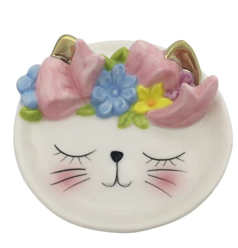 New Ceramic BoHo Hippie White Cat Kitten in Flower Wreath Trinket Dish Gift